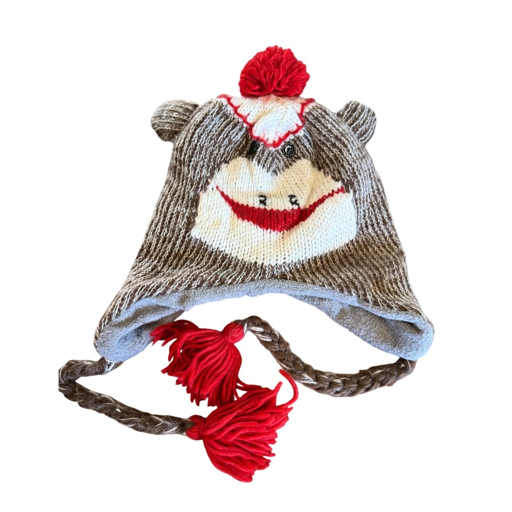 Sock Monkey Knit Trapper Hat‎ Brown White Red Fleece Lined Kids / Juniors
